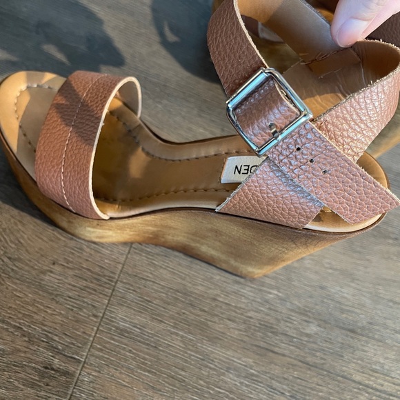 Steve Madden 6.5 / 37 Belma Tan Leather Wood Wedge platform sandal cognac brown - Picture 12 of 15